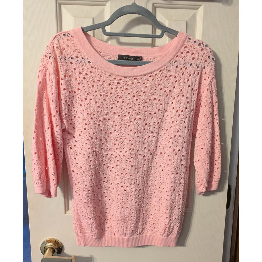 The Limited - Pink Eyelet Pointelle Knit Short Sleeve Sweater Top - Sz XS - EUC